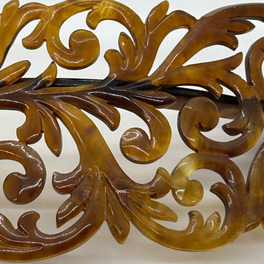 Antique Edwardian Carved Hair Comb Best-Hold Patent 1907 Clasp Celluloid Brown - Picture 11 of 16
